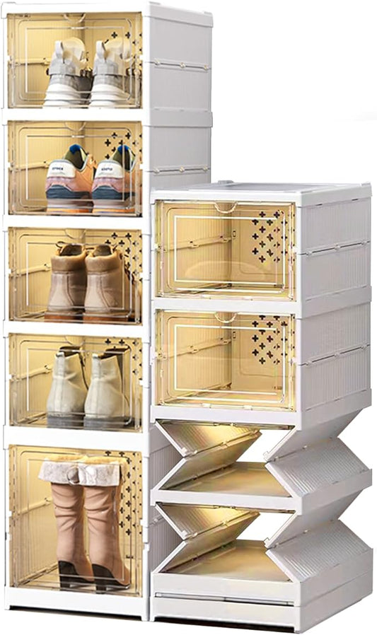 5 Tiers Stackable Shoe Storage Organizer bins open front, Space Saving Shoe Rack Holder Boxes,Moving Cabinet Bins Sturdy, Clear