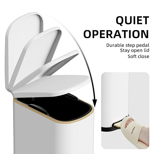 2.6 Gal Stainless Steel Trash Can with Soft Close Stay Open Lid, Small Rectangular 10L Waste bin for Narrow Space, Waterproof, Odor Protection, White