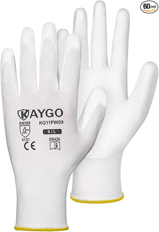 KAYGO Work Gloves for Men and Women, 60 Pairs Seamless Knit PU Coated Safety Gloves, with Smooth Grip on Palm and Fingers, Ideal for Light Warehouse, Manufacturing, Gardening, KG11P (M, White)