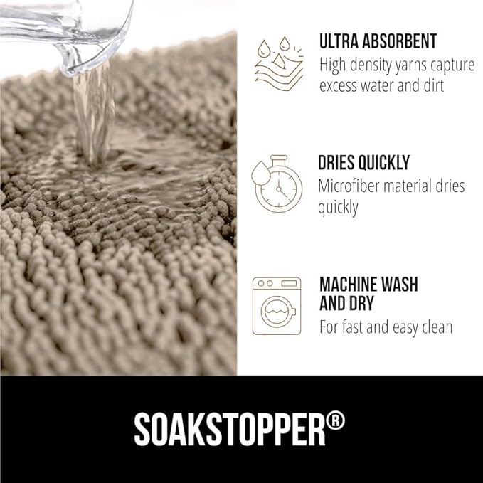 GORILLA GRIP SoakSTOPPER Dog Door Mat, 60x36 Machine Washable Rug Absorbent Doormat Captures Moisture Mud Dirt, Quick Dry Soft Chenille Entryway Rugs Indoor Entrance Mats for Dog Paws, Beige