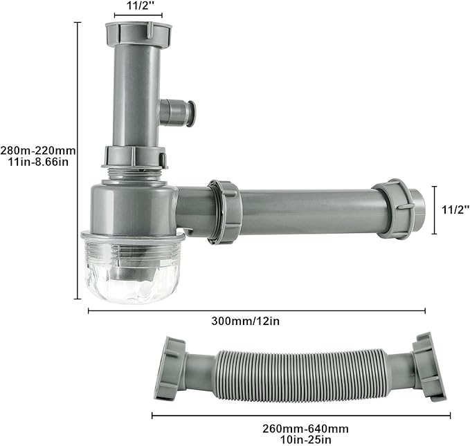 1 1/2" Kitchen Sink Drain Kit P-Trap Strainer Adjustable Height with 304 Stainless Steel 3-1/2" Sink Drain Assembly Kit for Kitchen Bar and RV
