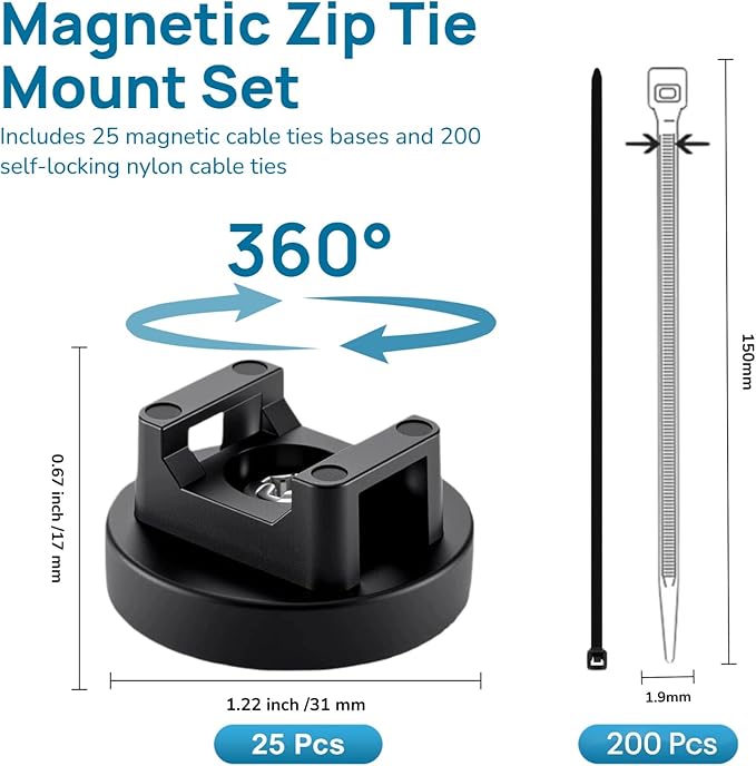 Magnetic Cable Ties Set, 25 Magnetic Zip Tie Mounts with 200 Cable Ties, Strong Wire Holder Cables Management, Multipurpose Electrical Cord Management Cord Holders Organizer (31mm)