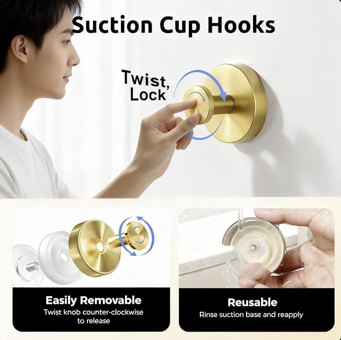 6-Pack Upgraded Stainless Steel Suction Cup Hooks, Heavy Duty Adhesive Hooks No Drilling & Traceless, Reusable for Bathroom, Glass, Front Door Hanging - Gold，Bathroom, Shower, Towel,Wall Mount