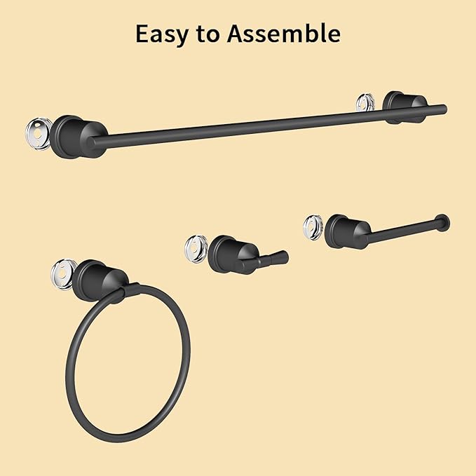 YUMORE Matte Black Bathroom Accessories Set, 4 Pieces Bathroom Hardware Set, Towel Bar Set Stainless Steel Wall Mounted, Towel Racks for Bathroom, Robe Towel Hooks, Toilet Paper Holder