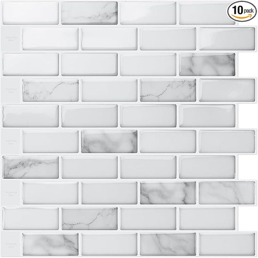 Art3d 10-Sheet Peel and Stick Backsplash Tile in White Marble, Self-Adhesive Wall Tiles Stick on Kitchen Laundry Room RV Renter - 12 x 12 Inch