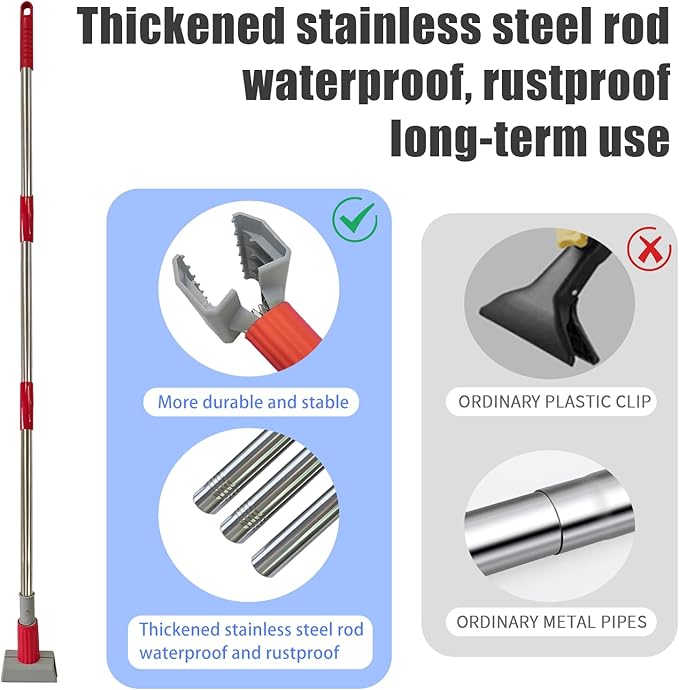 Heavy Duty Commercial Jaw Clamp Mop Handle 55.7 Inch Thickened Stainless Steel Red Mop Stick Industrial Grade Replacement Adjustable Mop Rod