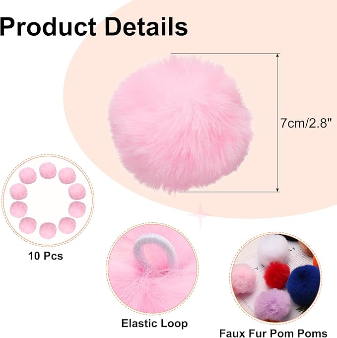 uxcell 2.8 Inch Faux Fur Pom Pom Balls, 10 Pcs Light Pink Fluffy Soft Faux Fur Pom Poms for Hats with Elastic Loop for DIY Knitting Hats Keychain Scarves Gloves Bags Shoes Accessories