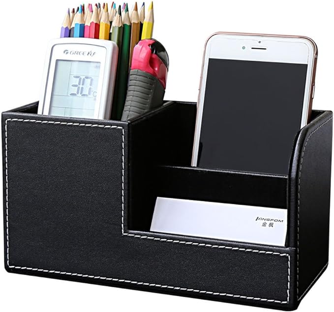 KINGFOM Desk Organizer Office Supplies Caddy Pu Leather Multi-function Storage Box Pen/Pencil,Cell phone, Business Name Cards Remote Control Holder Black