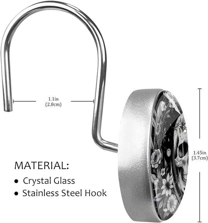 12 Packs Gothic Skull and Floral Shower Curtain Hooks, Stainless Steel Glass Shower Curtain Rings for Bathroom Decor, Metal Rustproof Curtain Rod Hooks