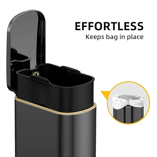 2.6 Gal Bathroom Trash Can with Soft Close Stay Open Lid, Small Rectangular 10L Stainless Steel Waste bin for Narrow Space, Waterproof, Odor Protection, Titanium Black
