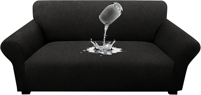 Waterproof Stretch Spandex Loveseat Couch Cover - Non-Slip Soft Sofa Slipcover with Elastic Bottom, Washable Leakproof Furniture Protector for Kids, Pets, Dogs & Cats (Loveseat, Black)
