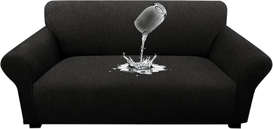 Waterproof Stretch Spandex Loveseat Couch Cover - Non-Slip Soft Sofa Slipcover with Elastic Bottom, Washable Leakproof Furniture Protector for Kids, Pets, Dogs & Cats (Loveseat, Black)
