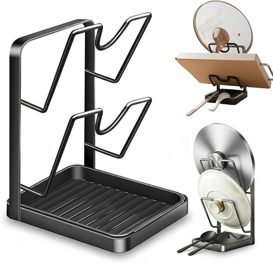 Kitchen Pot Lid Storage Rack, Carbon Steel Pot Lid Holder While Cooking,Countertop Pot Lid Organizer with Tray,Multifunctional Kitchen Utensil Organizer for Spatula,Ladle,Cutting Board (Gray,Double)