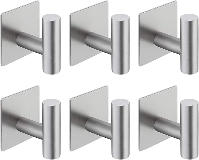 Towel Hook 6 Pack Adhesive Bathroom Robe Hooks, Sticky Coat Hooks for Hanging, Closet, Coat Hook SUS304 Stainless Steel Brushed, BTH7204-2-P6