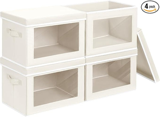 Fabric Storage Bins with Lids, Decorative Storage Boxes, Closet Storage Bins with Window, Storage Baskets for Closet, Closet Organizers for Towel, Clothes, Beige, 4-Pack