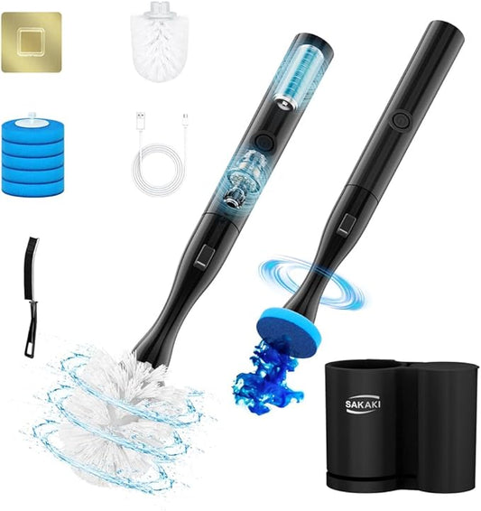 Electric Toilet Brush and Holder Set Electric Toilet Bowl Brush Toilet Brush Cleaner Set with 5 Refills Disposable Cleaner Brush Floor Standing Wall Mounted Without Drilling Rechargeable Black