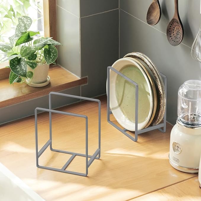 2PCS Plate Holders Organizer, Metal Dish Storage Dying Display Rack for Cabinet, Counter and Cupboard, Grey, Small