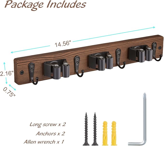 Mop Broom Holder Wall Mount with 3 Slots & 4 Hooks - Wood Broom Mop Hanger for Pantry Kitchen Organization - Garden Tool Organizer for Closet Laundry Room - for Rustic Farmhouse Kitchen Decor