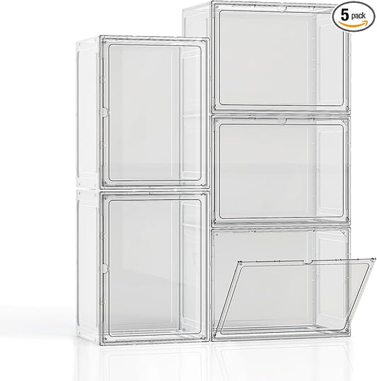 5 Pack Stackable Storage Bins with Lids, White Plastic Storage Container with Clear Lids, Clear Display Case with Magnetic Door for Purse, Handbag, Figure, Collectibles, Doll, Bag, 14.2"x8.66x10.6"