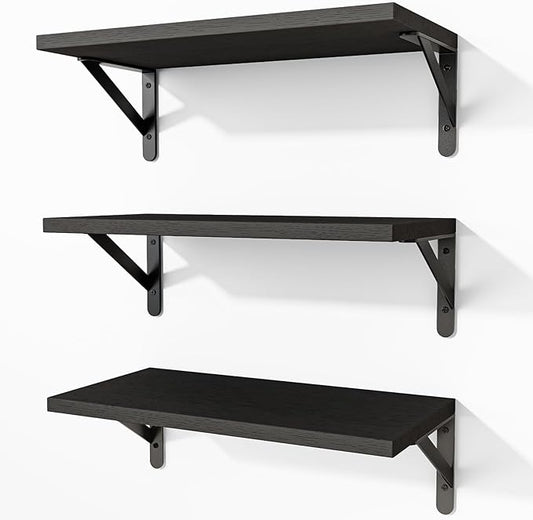 Fixwal Floating Shelves for Wall, Wood Wall Mounted Shelves for Bedroom, Bathroom, Living Room, Kitchen Storage and Decor(Black, Set of 3, 16.5 Inch)