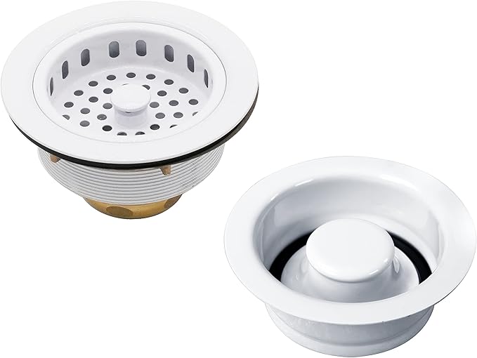 Westbrass D2165-50 Post Style Large Kitchen Basket Strainer with Waste Disposal Flange and Stopper, Powder Coat White