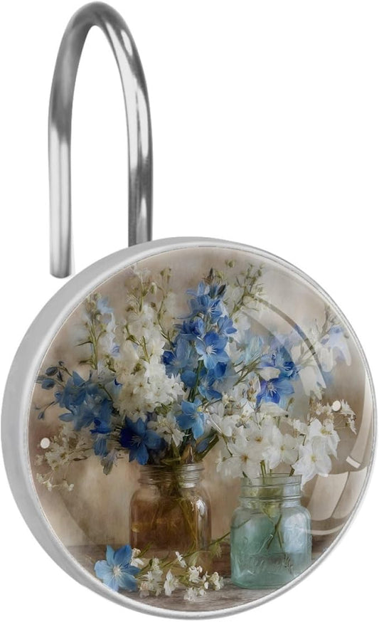 12 Packs Vintage Flowers Vase Shower Curtain Hooks, Stainless Steel Glass Shower Curtain Rings for Bathroom Decor, Metal Rustproof Curtain Rod Hooks