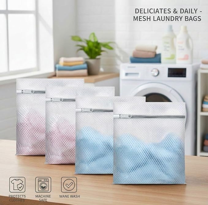 4-Pack Laundry Bags, 40cm Mesh Wash Bags for Delicates & Clothes, Zippered Laundry Organizer Bags for Washing Machine, Soft, Durable & Reusable (White)