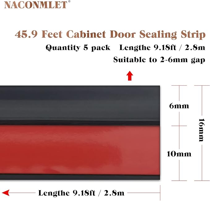 9.8 Ft*5 Pcs Cabinet Door Seal Strip Weather Stripping Gap Filler,Silicone Cabinet Door Dust Strips Suitable for Wardrobe and Cupboard,Rubber Seal Strip,Keep Cleaning Dry(Black
