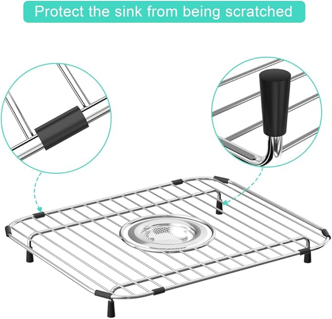 SANNO Sink Rack, Sink Protector for Kitchen Sink, Bottom Grid Rack Center Drain, Stainless Steel, 2pcs 11.5" x 13.8"