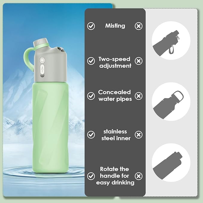 Electric Misting Water Bottle – 2-in-1 Insulated Stainless Steel Bottle with Dual-Speed Cool Mist, 24hr Cold Retention, Leakproof Straw-Free Design for Gym, Hiking, Golf & Beach