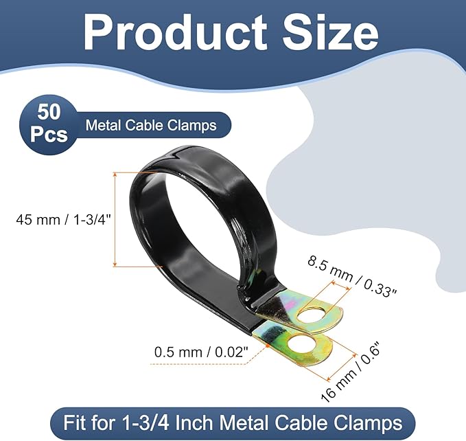 PATIKIL 1-3/4 Inch Vinyl Coated Cable Clamps, 50 Pack Galvanized Steel Metal Cable Clips Rubber Cushion Insulated Pipe Clamps for Tube Lines Cord Wire Management, Black