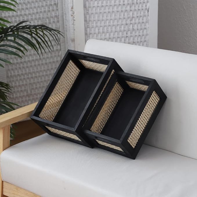 Wood Baskets, Rattan Storage Baskets for Organizing, Black, Set of 2