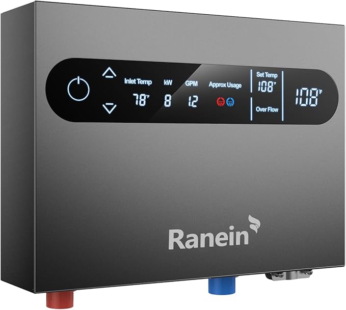 Ranein 8kW Tankless Electric Water Heater, 240V on Demand Instant Endless Water Heater with LED Temperature Display for Bathroom and Kitchen sink