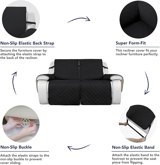 PureFit Water Resistant Reversible Sofa Covers for Reclining Sofa 2 Seat - Non Slip Split Recliner Couch Cover for Double Recliner, Washable Furniture Protector for Kids, Dogs (2 Seat, Black/Beige)