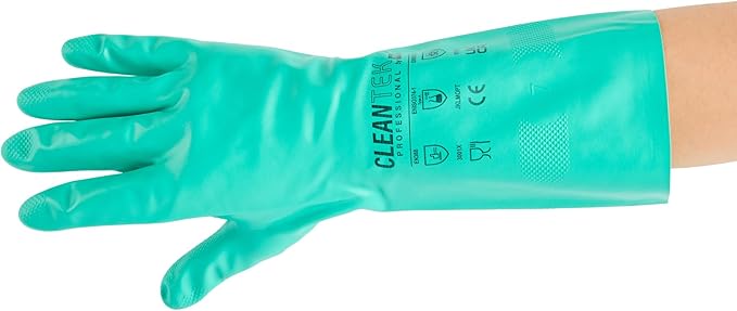 Restaurantware Green Cleaning Gloves 10 Pairs 15 Mil Thick Extra Large Heavy-Duty Nitrile Gloves With Long Cuff No-Latex Flock Lining For Use In Hospitals, Commercial Kitchens and Households