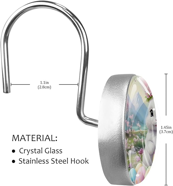 Bunny Rabbit and Easter Eggs Shower Curtain Hooks 12Pcs, Decorative Rust Resistant Shower Rings for Shower Curtain Rods, Stainless Steel Round Curtain Hooks for Bathroom, Bedroom, Farmhouse