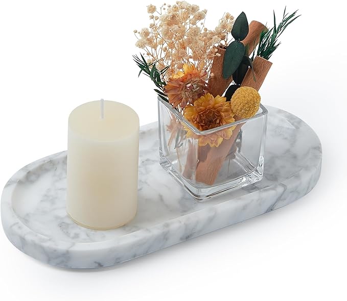 Natural Marble Vanity Tray, Marble Tray for Bathroom countertop,Stone Tray for Storing Perfume, Cosmetics and Jewelry 10 * 5inch （White）