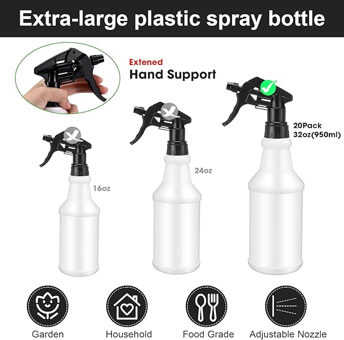 Rtteri 20 Pack 32oz Plastic Spray Bottles for Cleaning, Empty Spray Bottles Bulk, Adjustable Leak Proof with Label for Plants Pet BBQ Kitchen (Black)