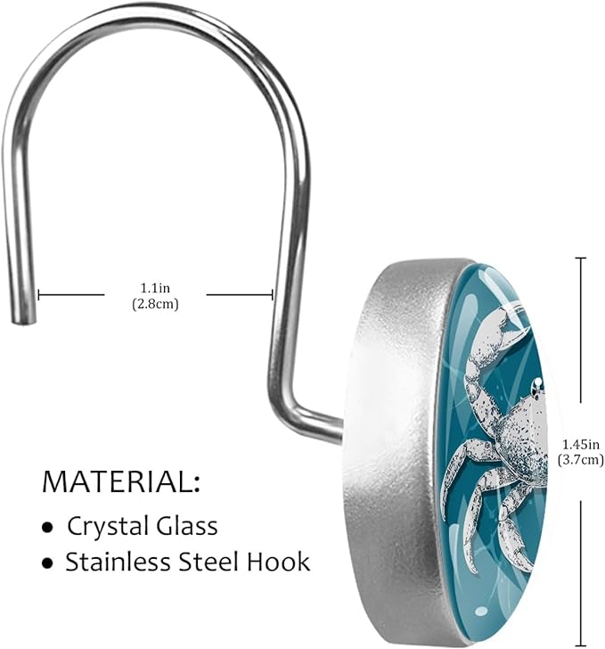 Nautical Abstract Crab Shower Curtain Hooks 12Pcs, Decorative Rust Resistant Shower Rings for Shower Curtain Rods, Stainless Steel Round Curtain Hooks for Bathroom, Bedroom, Farmhouse