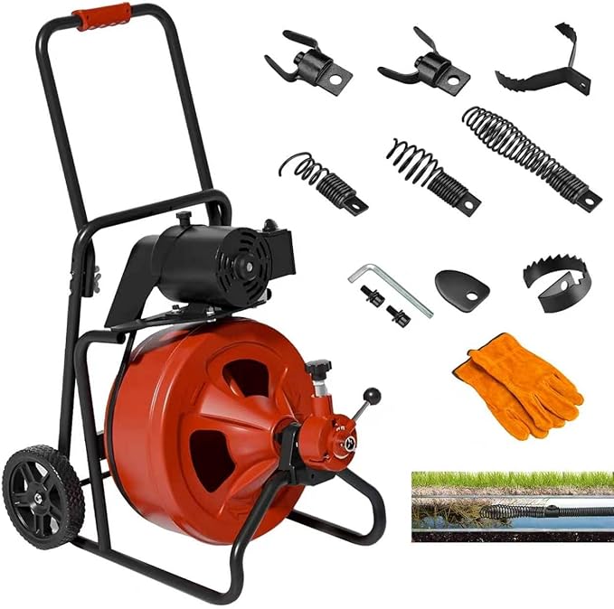 GENGEL PIPE VEDC-100 Electric Drain Snake Auger, 100ft x 1/2"Heavy Duty Cable,1800RPM Auto-Feed Foot Pedal,8-Piece Cutter Set + Hex Root Killer,8" Replaceable Wheel – Ideal for Sewer & Clogged Pipes