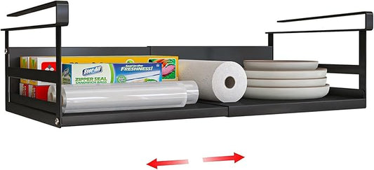 Expandable Under Cabinet Shelf Organizer with 0.94-Inch Thick Clips, Heavy Duty Extendable Under Shelf Storage Basket for Pantry or Laundry Room, Black, 1 Pack, Interior: 4.13" H x 8.54" D