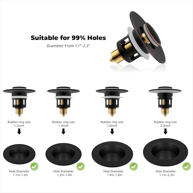 Hibbent All Metal Universal Bathroom Sink Stopper for 1.1''~2.3'' Basin, Pop Up Sink Drain Strainer, Brass Bullet Core Push Type Stopper, Stainless Steel Anti Clogging Drain Filter, Oil-Rubbed Bronze
