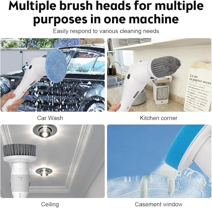 Cordless Electric Spin Scrubber, IP5 Rated w 8 Brush Heads and Adjustable Arm, 3 Speed Power Scrubber for Bathroom, Tub, Floor