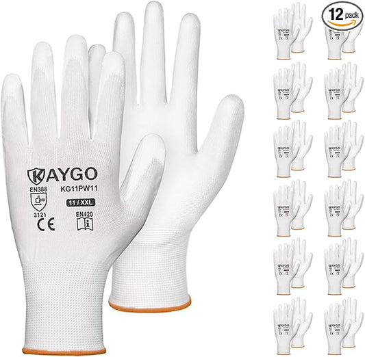 KAYGO Work Gloves for Men and Women, 12 Pairs Seamless Knit PU Coated Safety Gloves, with Smooth Grip on Palm and Fingers, Ideal for Light Warehouse, Manufacturing, Gardening, KG11P (2XL, White)