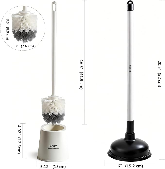 Toilet Brush with Plunger Set, Black, Plastic, 2 Piece Bathroom Cleaning Tool Kit with Holder