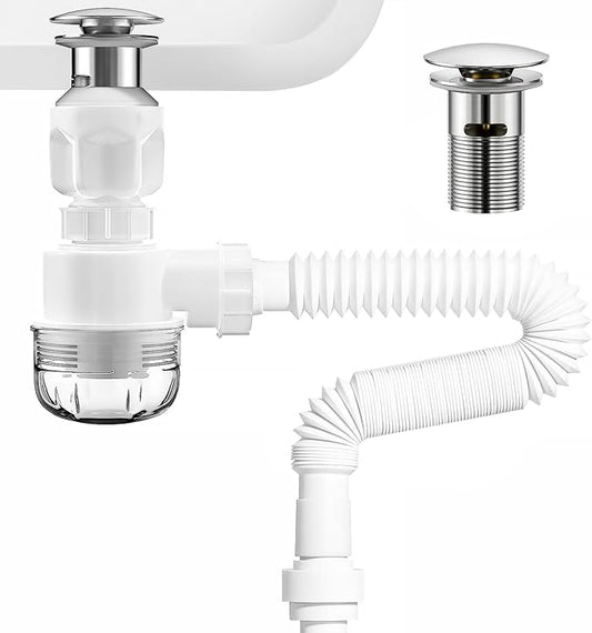 BOTEMY Polished Bathroom Sink Drain Kit with Flexible Sink Drain Pipe -No Tool Installation,11.8-28.4" Anti-Odor Expandable Sink P-Trap,1.25"-1.5" Pop Up Stopper &Strainer Hair Catcher(with Overflow)