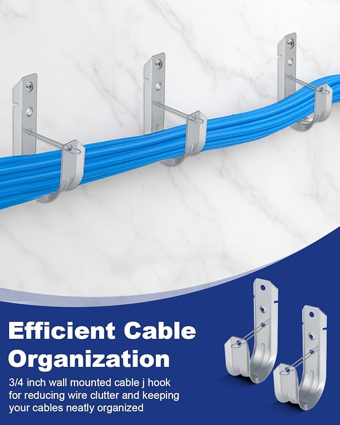 25 Pcs 2" Galvanized Steel J-Hooks, Heavy Duty Wall Mount Cable Support J Hook with Retainer Clip for Cable Management