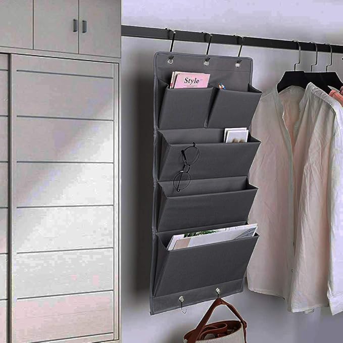 5 Pockets Over the Door Organizer and Storage Hanging with Hooks, Wall Mount Office Supplies File Folders Document Holder for Notebooks, Paper,Supplies, Closets, Families, Filing (Gray)