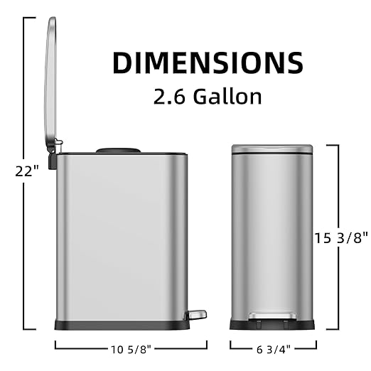 2.6 Gal Bathroom Trash Can with Soft Close Stay Open Lid, Small Rectangular 10L Stainless Steel Waste bin for Narrow Space, Waterproof, Odor Protection, Gold