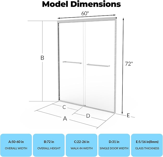 Sliding Shower Door 56–60 inch W× 72 inch H, Frameless Double Sliding Glass Panels with 8mm Tempered Glass, Brushed Silver, Modern Shower Enclosure for Walk-in Bathroom Upgrade